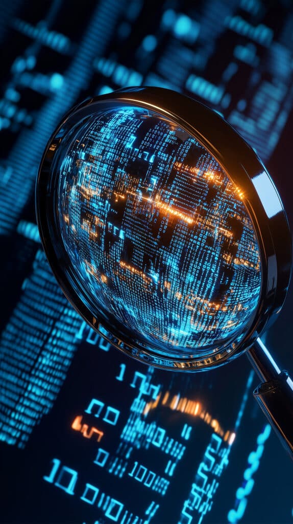 Loupe en gros plan sur des flux de données numériques binaires lumineux, bleus et oranges. Représente la cyber-analyse et la recherche de code.