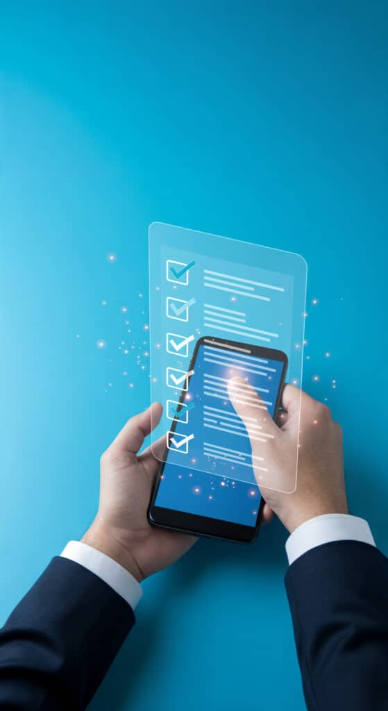 Main d'homme d'affaires tenant un smartphone affichant une checklist numérique holographique avec des cases cochées sur fond bleu vif. Processus accompli.