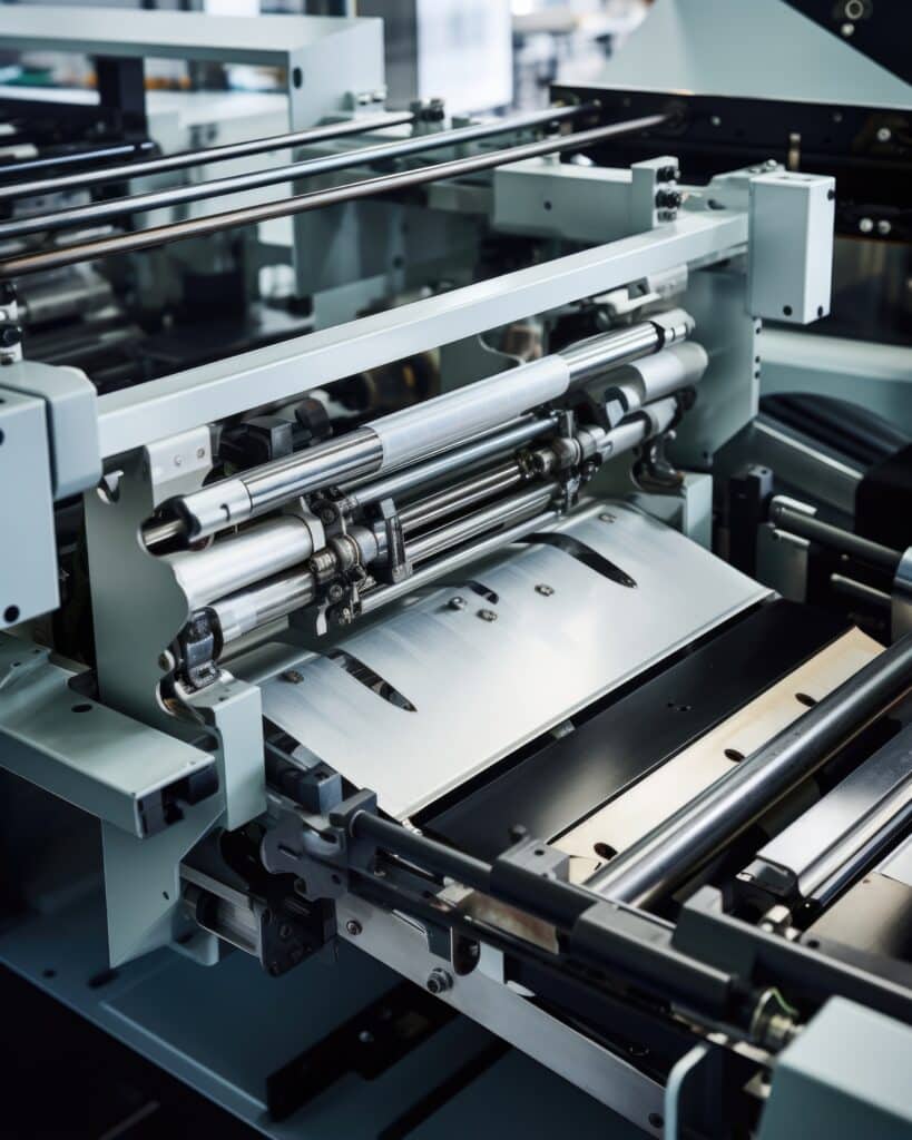 Mécanismes internes d'une machine d'impression industrielle, avec rouleaux, barres métalliques et surface de convoyeur.