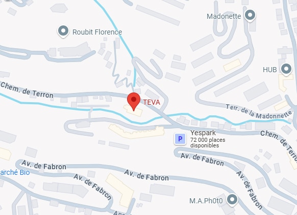 Carte routière de TEVA. Rues: Chem. de Terron, Av. de Fabron. Points d'intérêt: Yespark (72 000 places), Roubit Florence, Madonette.