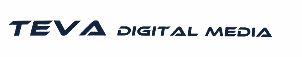 Logo Teva Digital Media. Texte bleu foncé en typographie moderne et futuriste sur fond noir.