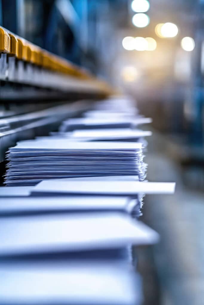 Piles d'enveloppes blanches s'étirant sur une chaîne de tri automatique dans un environnement industriel éclairé.